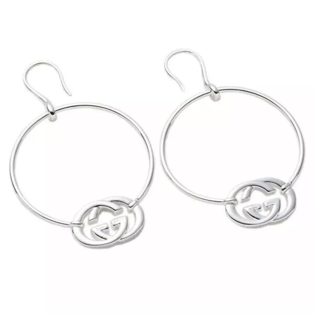 NWT 100% Authentic GUCCI Trademark GG Sterling Silver Hoop Earrings - Picture 3 of 10